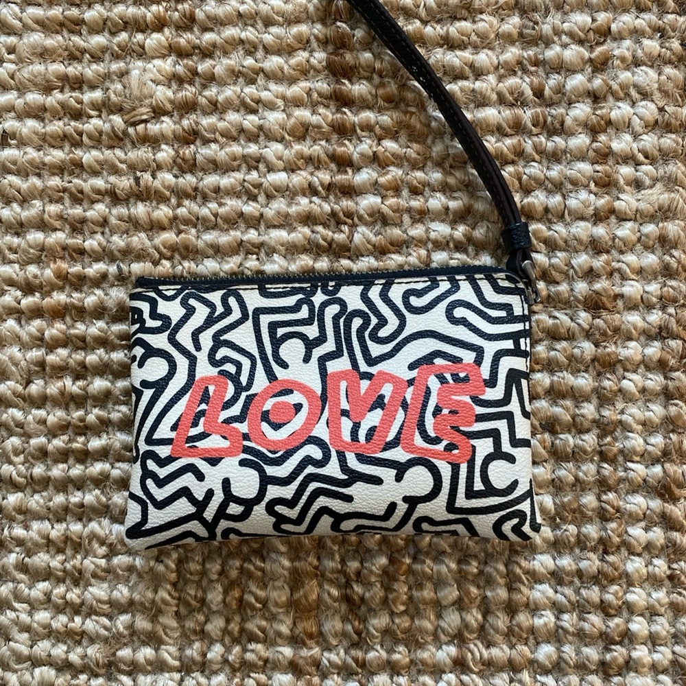 Coach, Keith Herring collab Black and White small Wristlet with Red 'LOVE'